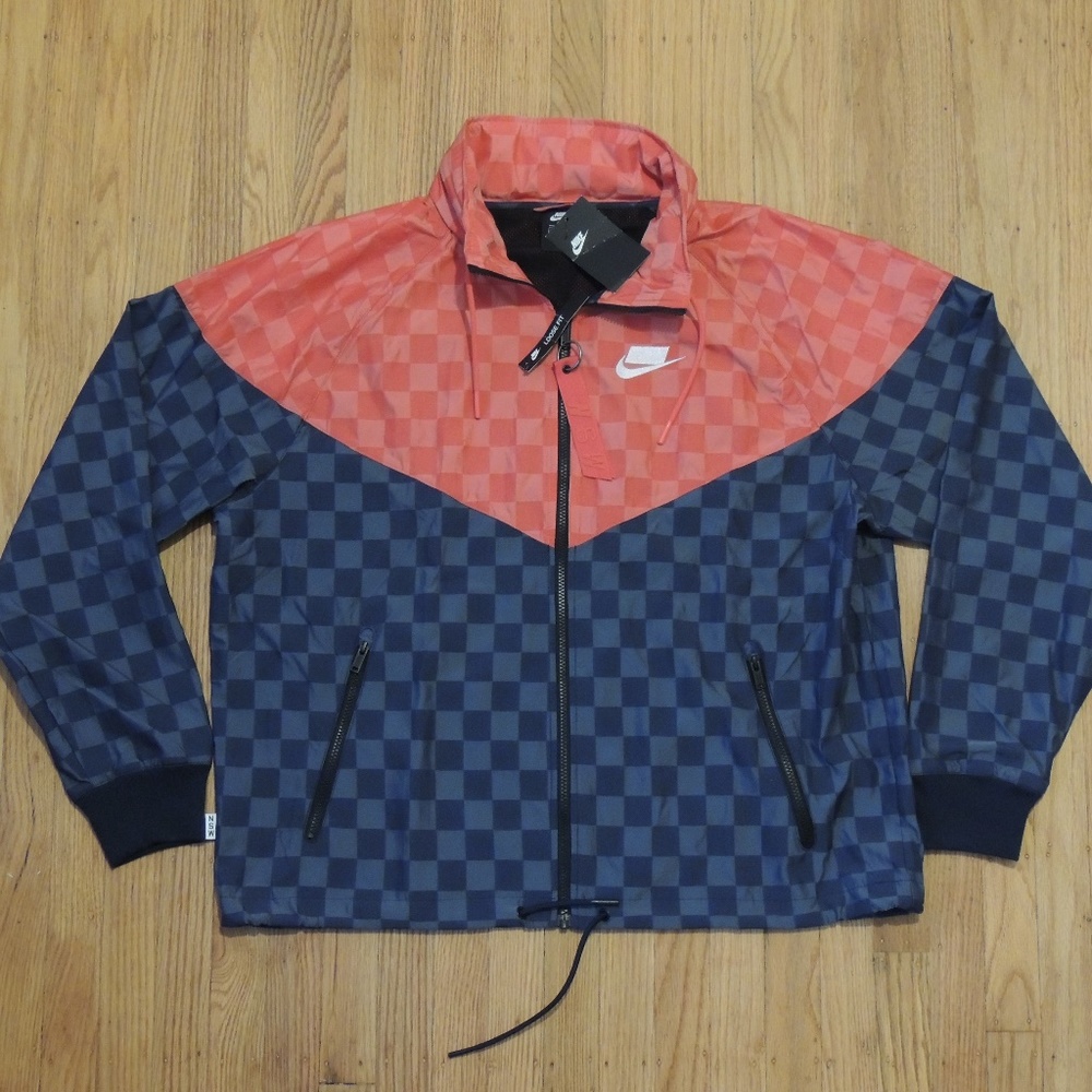 Nike NSW Windbreaker Jacket Red Gray Checkered NEW